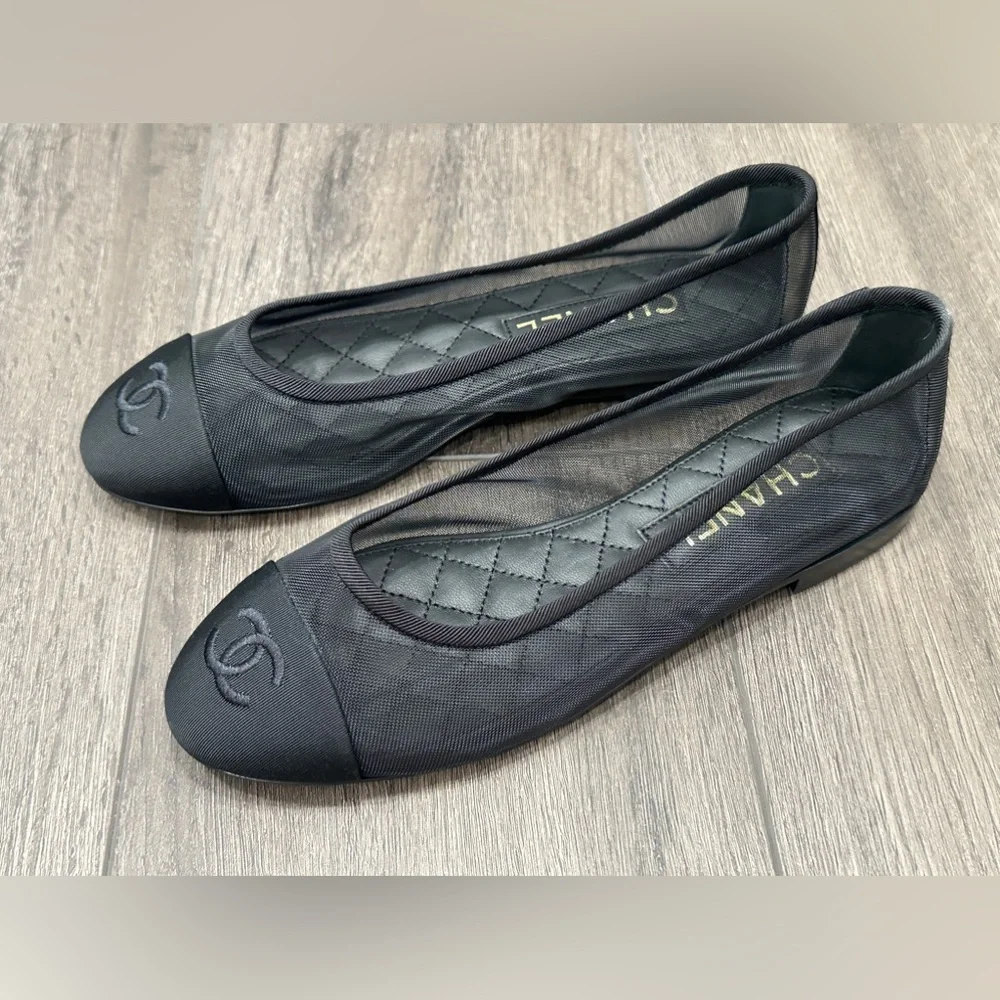 2025 CHANEL BLACK MESH BALLET FLATS BALLERINA SHOES 37 NEW - Picture 15 of 16